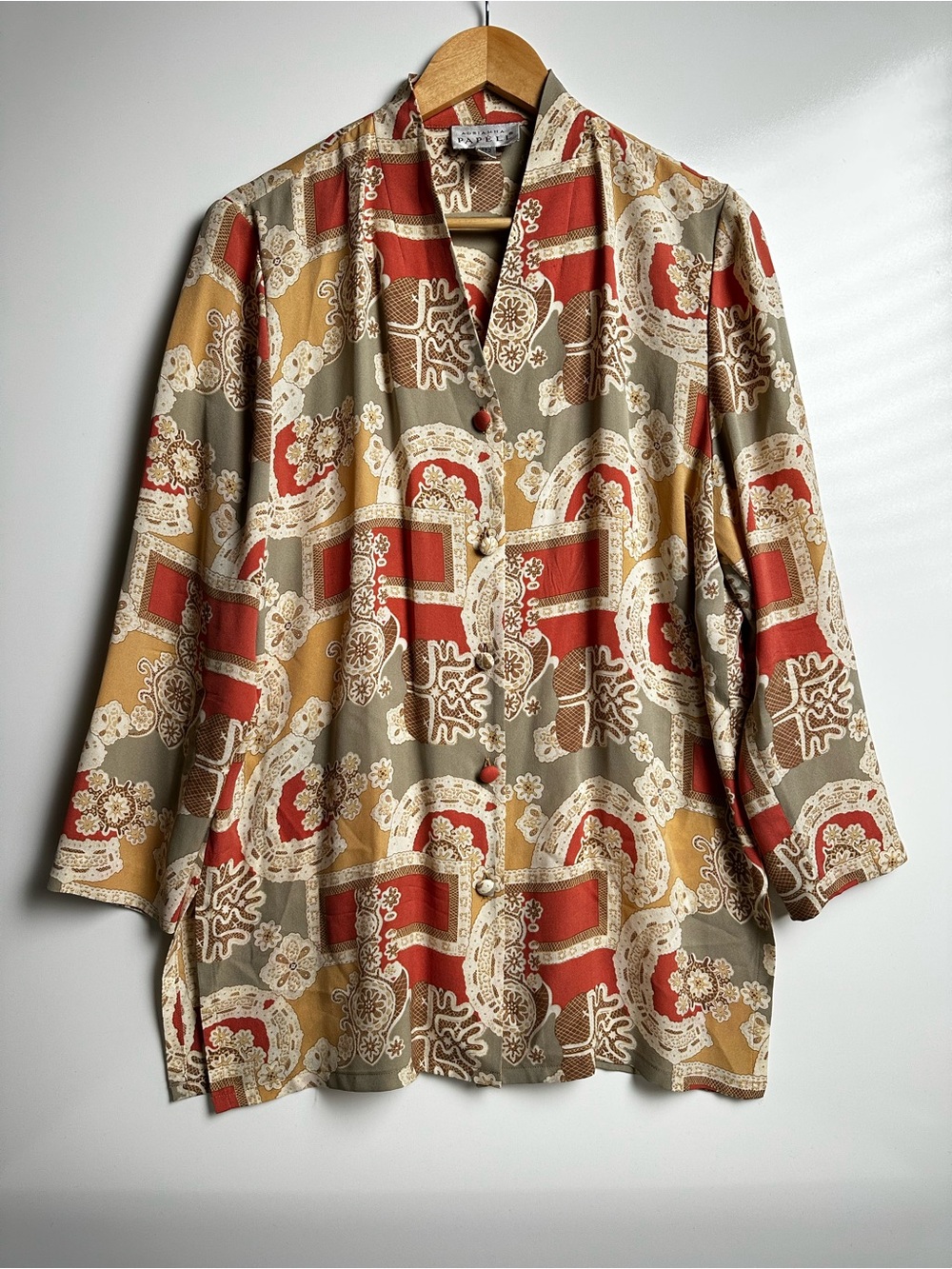 ADRIANNA PAPELL | Vintage Silk Baroque Chain Scarf Print Button Front Blouse |10